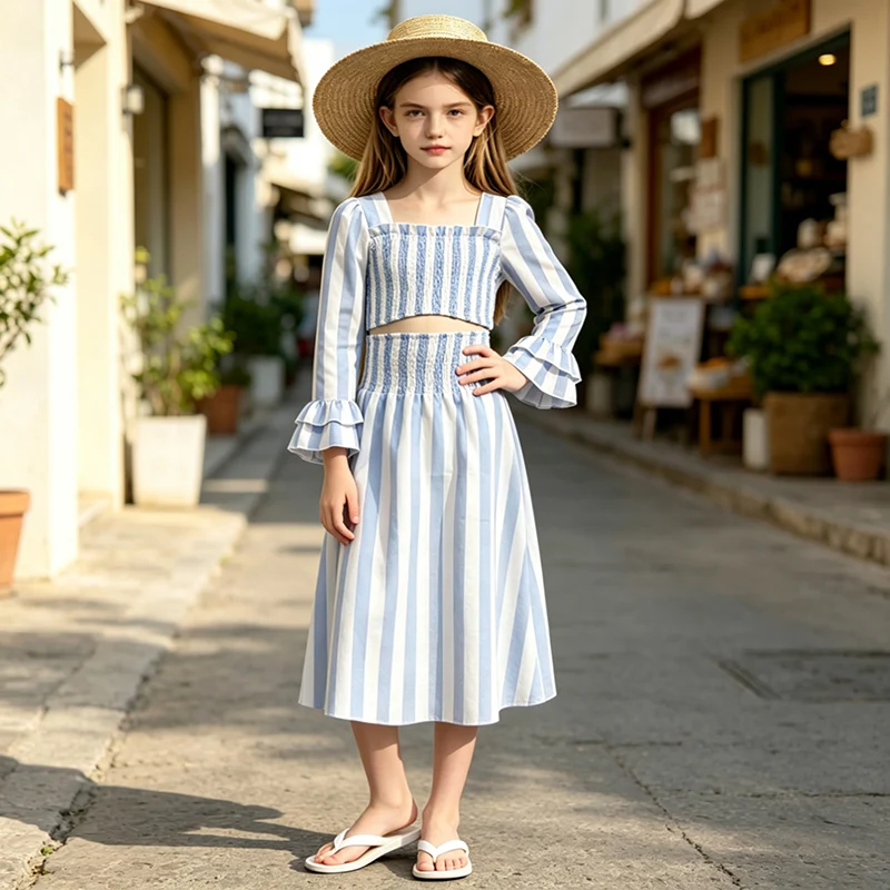 Blue White Striped Girls Matching Set for 8-12 Years Spring Fall Smocked Long Flounce Sleeve Top A-Line Midi Skirt Outfit