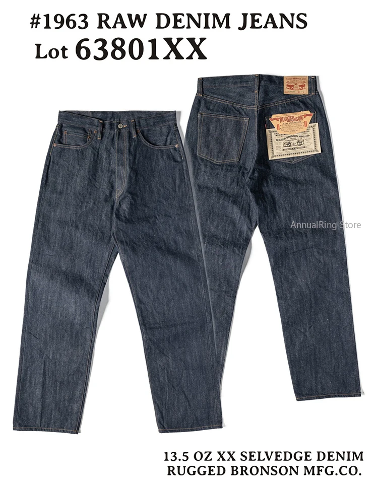 Robuste Bronson-Denim-Jeans mit Selvedge-Motiv, Lot 63801XX Jeans 501, gerade Hose mit mikrohängenden Füßen