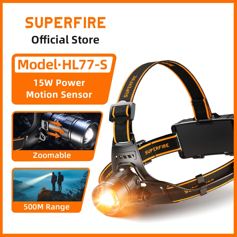 

2025 SUPERFIRE HL77-S Zoomable Headlamp 3150K led Rechargeable Headlaght 3000mAh Head Light for Camping Fishing Work Warm Light