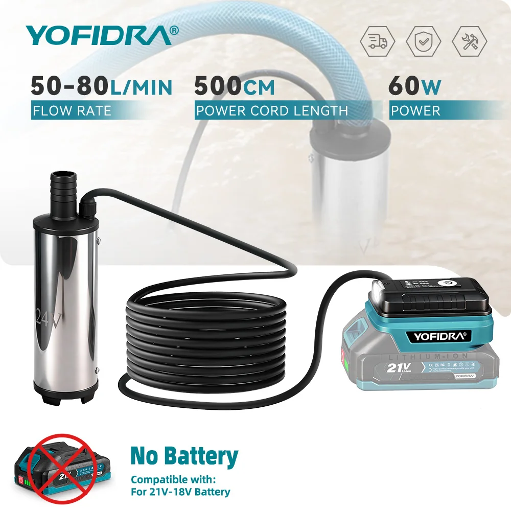 YOFIDRA 60W 50-80L/Min Electric Submersible Pump Cordless Mini Water Transfer Pump Househeld Power Tools For Makita Battery Pin