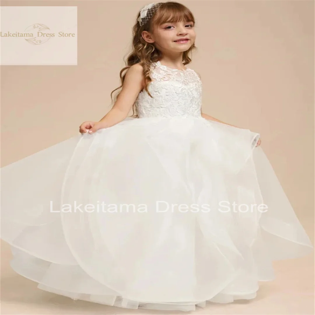 

White Flower Girl Dresses Tulle Appliques Tiered Sleeveless For Wedding Birthday Party Occasion First Communion Gowns