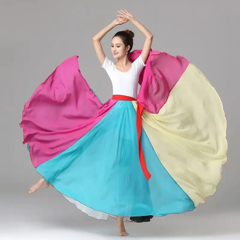 

720 degree 8-color Patchwork Single Layer Chiffon Classical Dance Large Swing Bullfighting Flamenco Dance Lace Up Rainbow Skirt