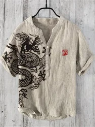 2024 New Hawaiian Short Sleeve Shirt 3D Printed Bamboo Linen Casual Loose Pullover Button Men's Casual Comfort Tops V Neck Shirt