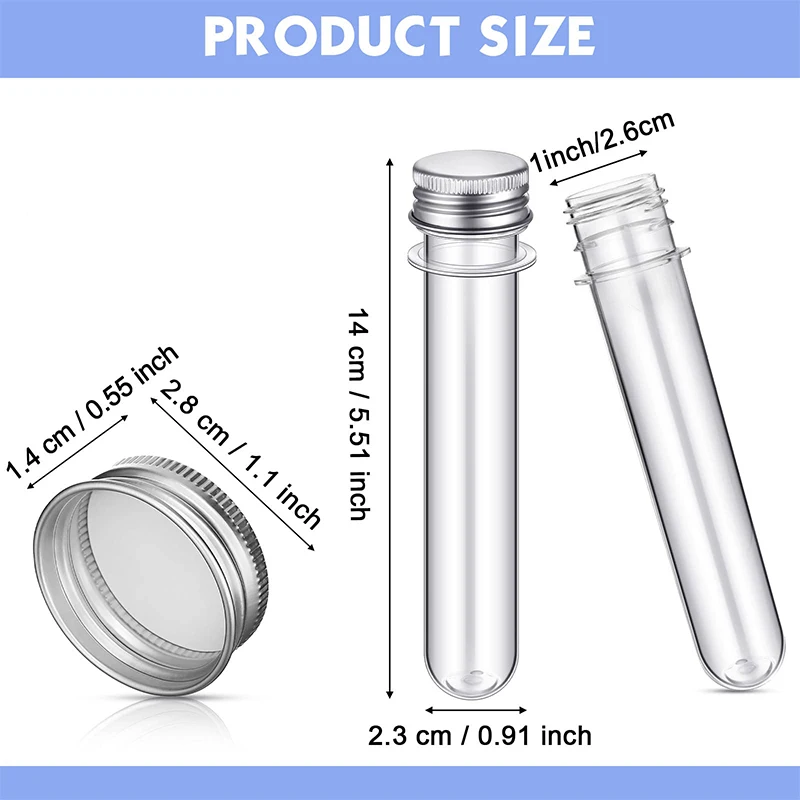 70Pcs Plastic Test Tubes Transparent Clear Bath Salt Tubes 23x140mm Cylindrical Aluminum Lid Candy Spice Storage Container