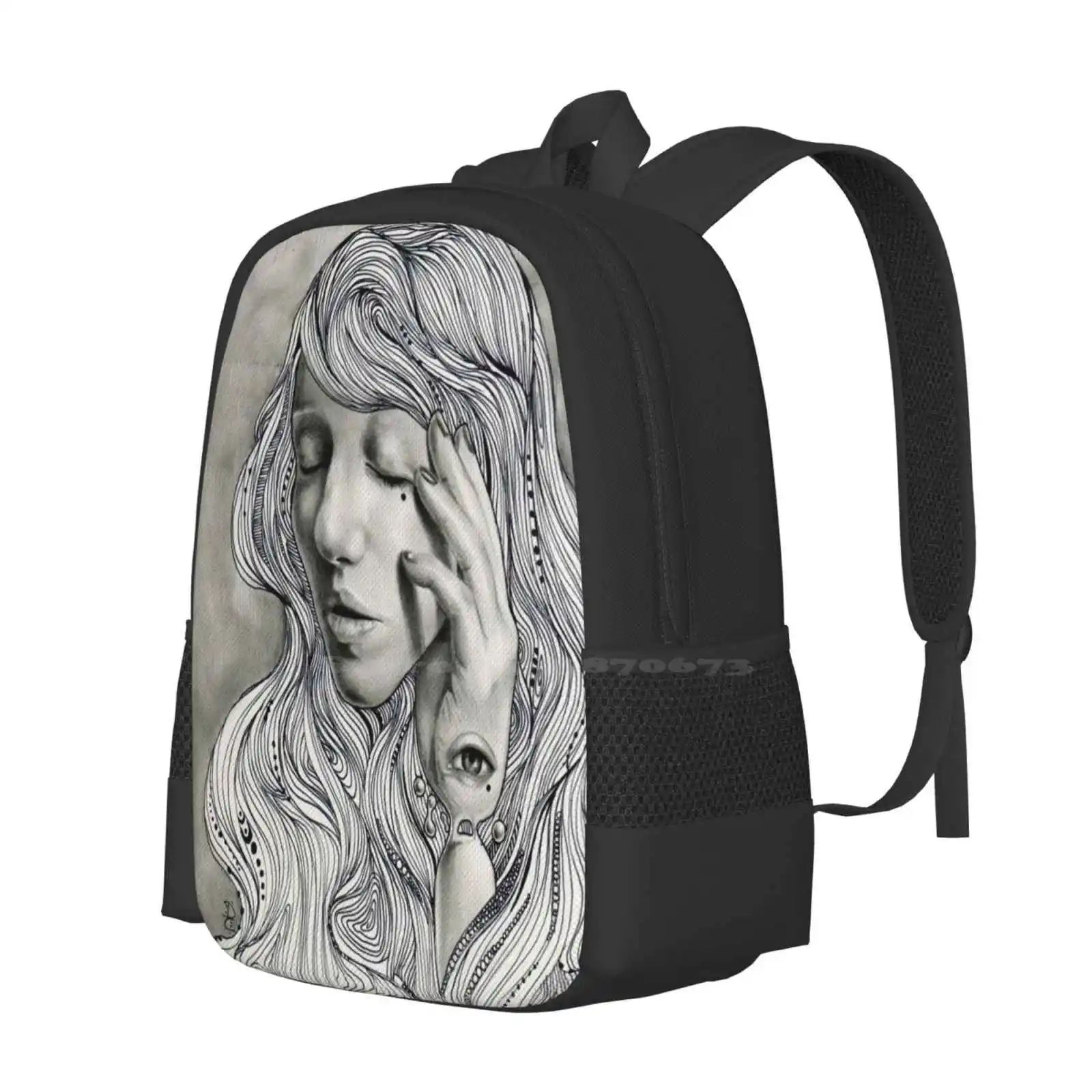 Trauer Muster Design Tasche Studenten Rucksack Tinte Bleistift Mythologie griechischen Mythos magische traurige weibliche Frau Auge surreale Fantasie