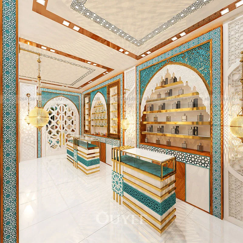 Customized-Luxury Perfume Shop Design Perfume Display Showcase Fragrance Store Display Shelf Arabic Style Wooden Perfume Display