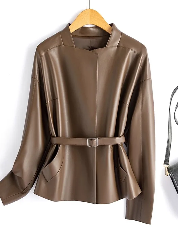 Manteau en cuir pour femme, nouvelle collection printemps-automne, en cuir de vachette, cintré à la taille, coupe-vent, manteau en cuir pour femme