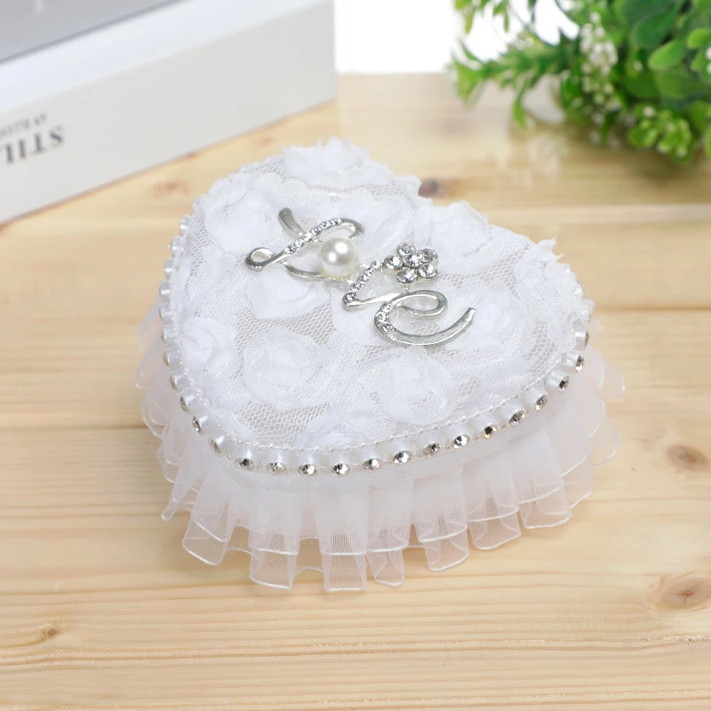 Ring Box Heart Wedding Lace Holder cuscino cerimonia cuscini portagioie scatole di forma bianca custodia con strass di perle proposta d\'amore