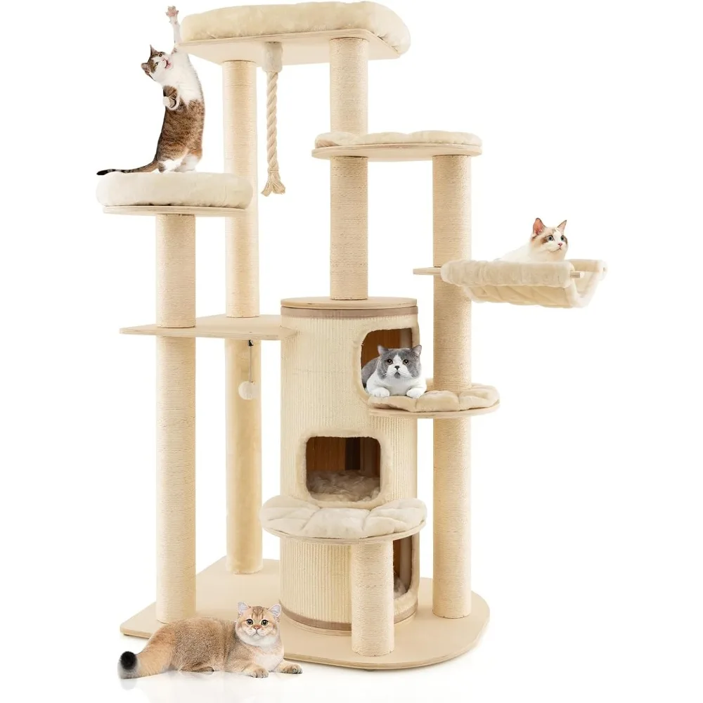 Tall Cat Tree, 67 Inch Multi-Level Modern Large Cat Tower with Top Perch, 3-Story Cat Condo, Hanging Play Rope for Indoor Cats