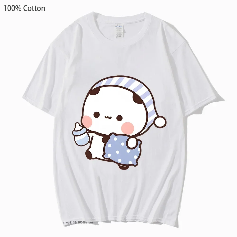 Couple Shirts Kawaii Cute BuBu Panda Going To Sleep with DuDu Bear Graphic Tshirt 100% Cotton Men Women Clothes Long Sleeve Tees