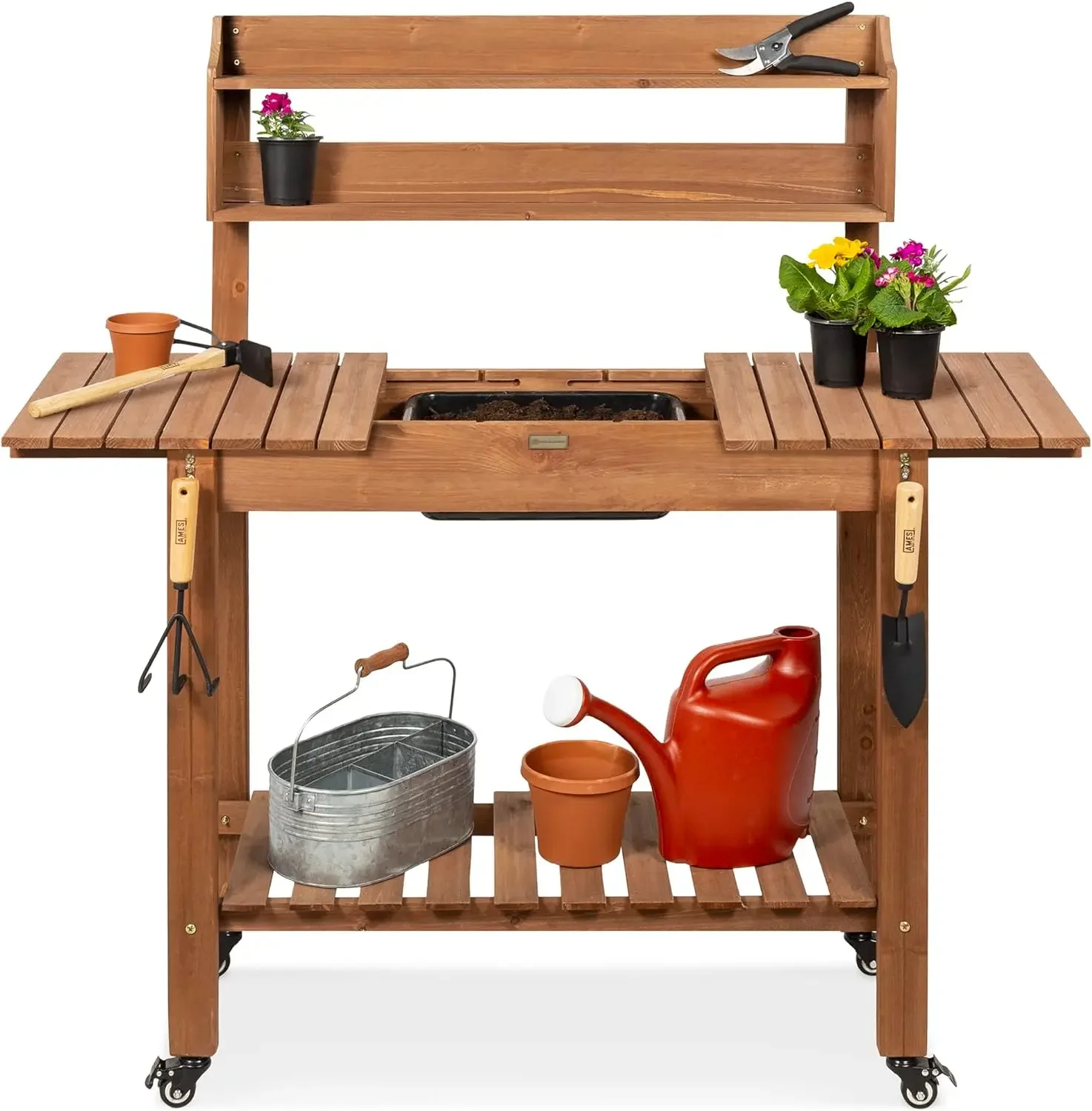 

Mobile Garden Potting Bench, Outdoor Wood Workstation Table w/Sliding Tabletop, 4 Locking Wheels, Food Grade Dry Sink