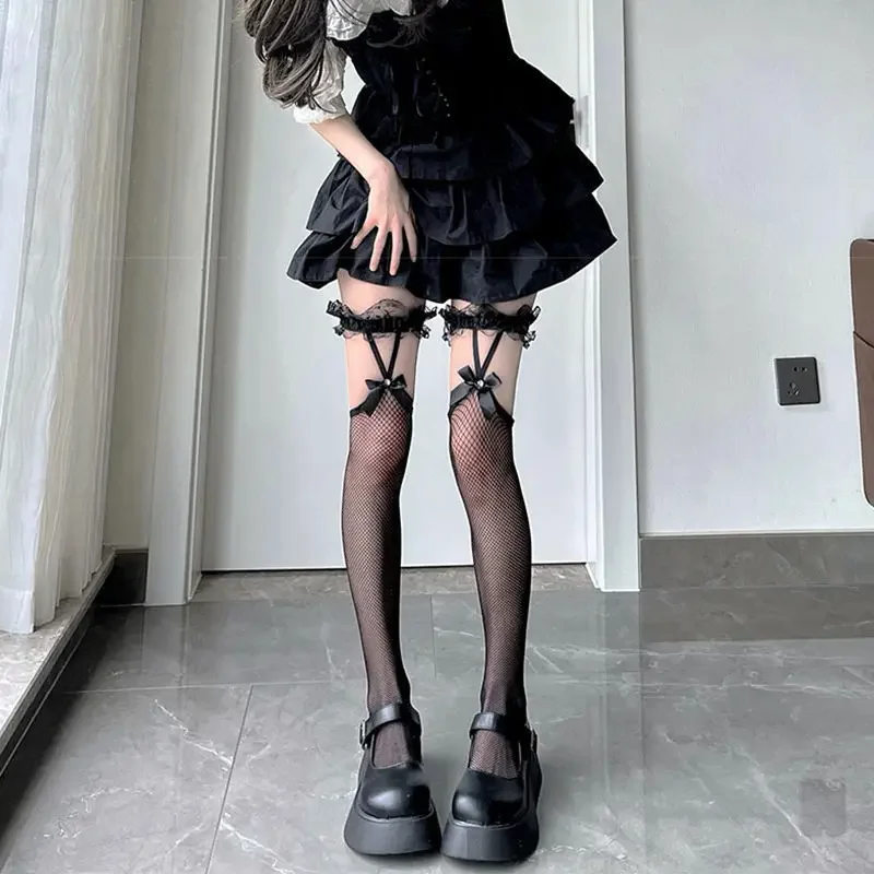 Calcetines de Lolita, medias cálidas hasta el muslo, lazo de Lolita por encima de la rodilla, calcetines largos de tubo JK Girl Lolita, medias de algodón de hilo de red JK