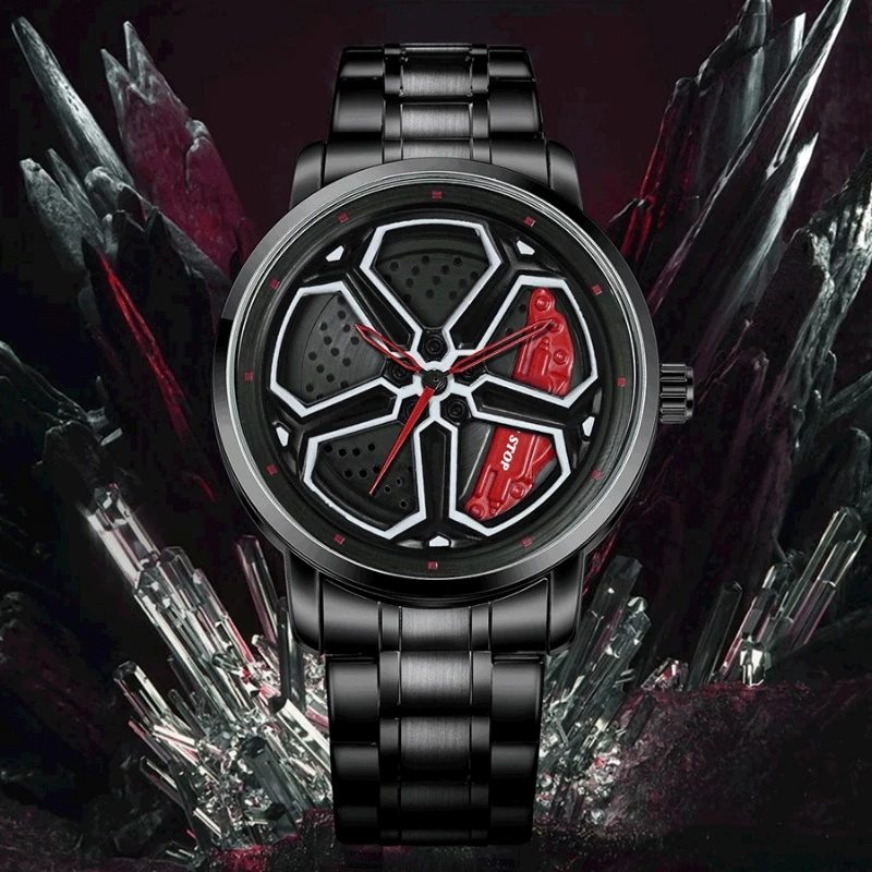 Mens Fashion Racing Watch Creative 3D Spinning Car Wheel Rotating Design Stainless Steel Large Dial Skeleton Waterproof Watch