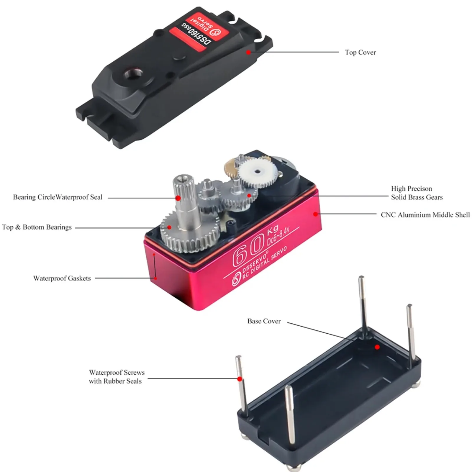 DS5160 8.4V High Voltage Digital Servo 60KG Waterproof Metal Steering Gear for 1/5 1/10 RC Baja Car