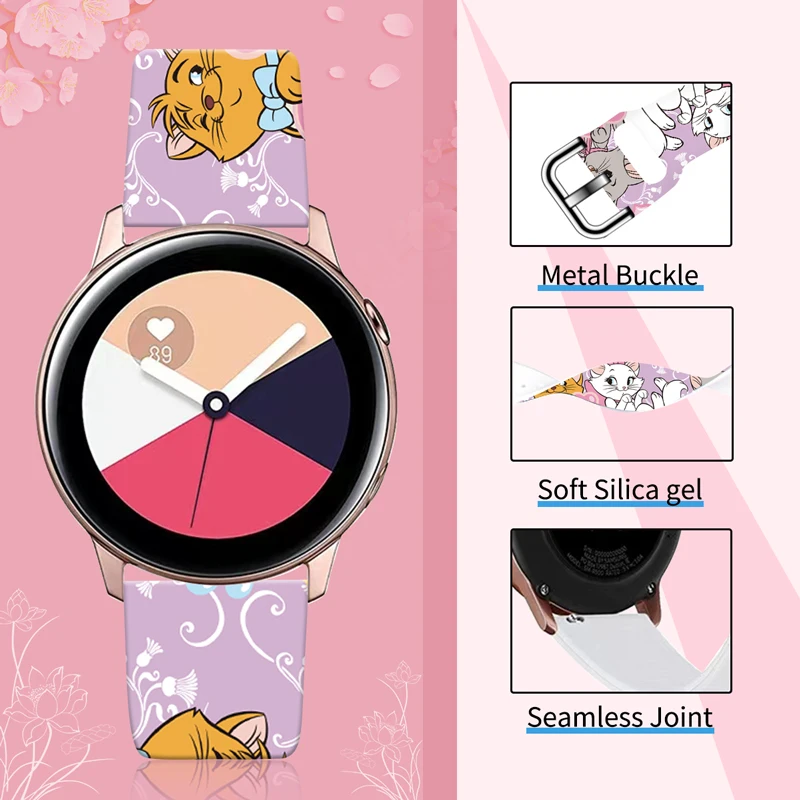 Elegancki pasek z nadrukiem kota Marie Disneya do Samsung Galaxy Watch 7/6/5/4, uniwersalny pasek 20 mm pasujący do 40 mm 44 mm Xiaomi Huawei Amazfit