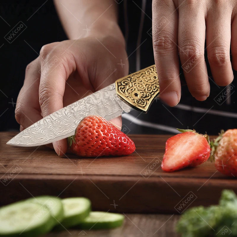 Damascus Pattern Folding Fruit Knife Cut Meat Slicing Fruit Vegetables Boning Knife Stainless Steel Wooden Handle Kitchen Knives