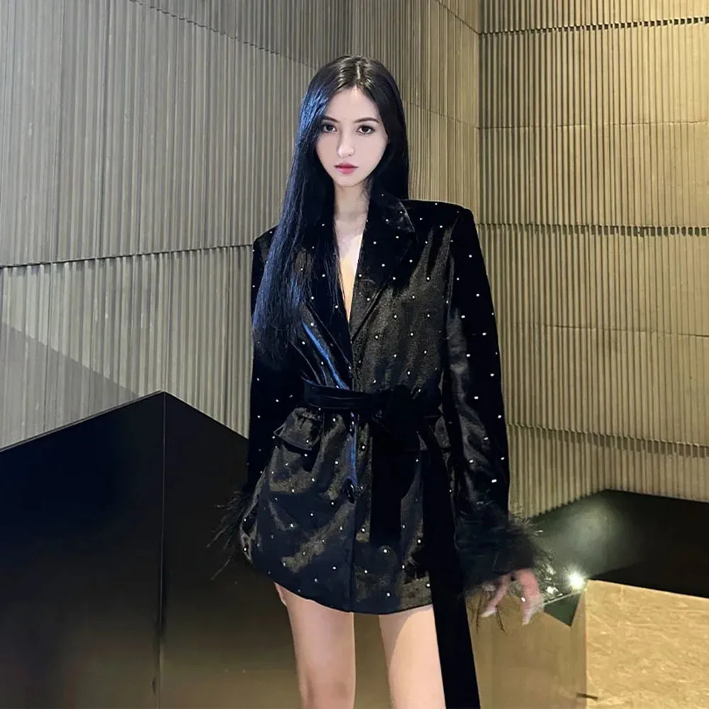 Black Slim Blazers Women Rhinestone Elegant Suit Jacket Imitation Ostrich Hair Long Sleeve Velvet Short Coat Ladies Luxury Coats