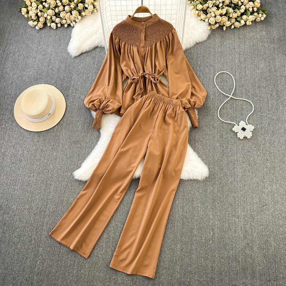 

Fashion Set Women's Round Neck Lantern Sleeve Single Breasted Loose Shirt+Casual High Waist Dropped Wide Leg Pants Two Piece Set