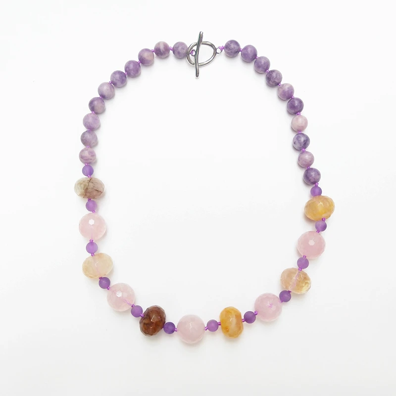 Lii Ji Real Stone Purple Yellow Pink Choker Necklace Citrine Rose Quartz Lepidolite Women Necklace