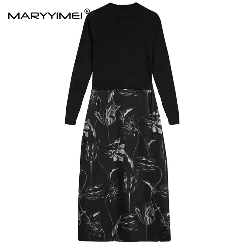 

MARYYIMEI Autumn/Winter Fashion Women's dress Long sleeved knitting Patchwork Print Black Commuting Elegance Dresses