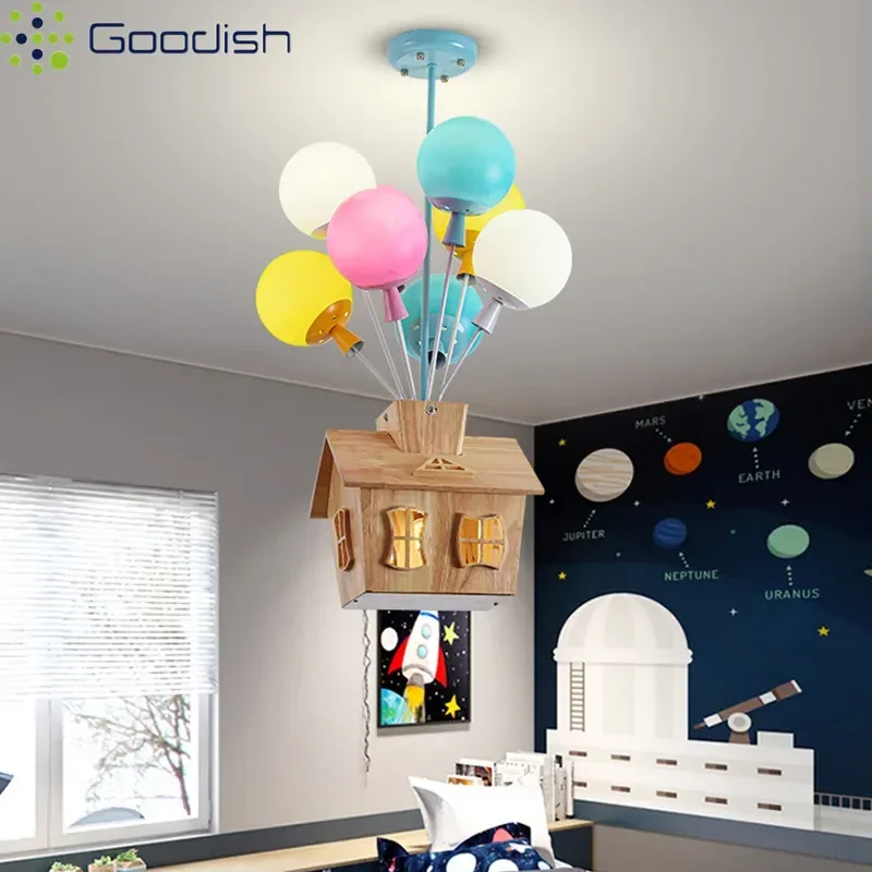 Minimalistische Bauhaus Romantische Holzhaus-Ballon Kreative LED-Deckenleuchten für Wohnzimmerdekoration Kronleuchter