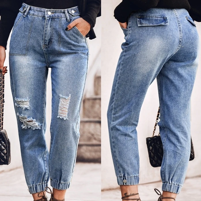 

Women's Casual Distressed Simple Blue Jeans Female Clothes Temperament Commuting 2024 New Spring Women Fashion Denim Pants