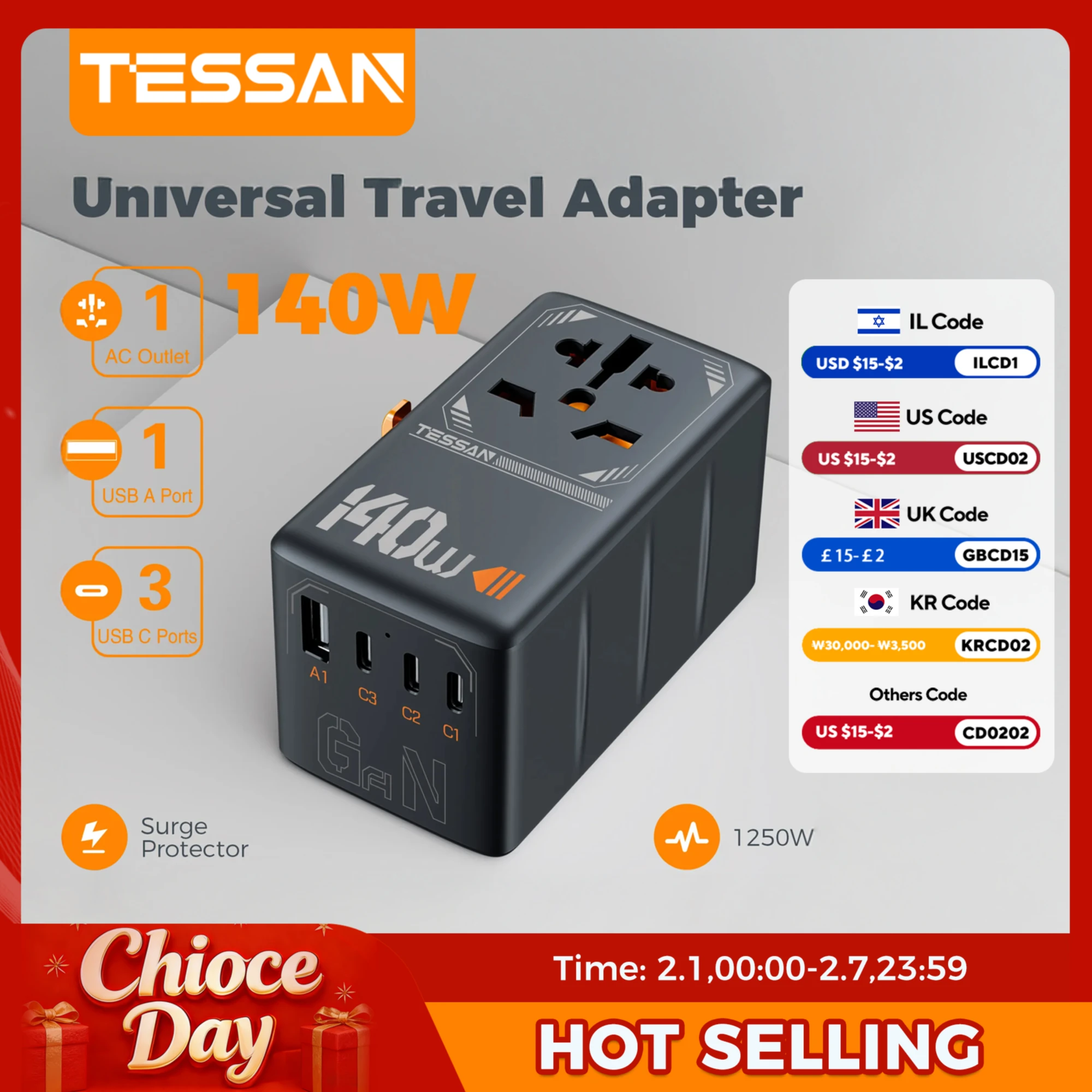 TESSAN 140W International Plug Adaptor GaN Travel Adapter with Universal Outlet 1 USB A 3 Type C Fast Charger for EU/UK/USA/AUS