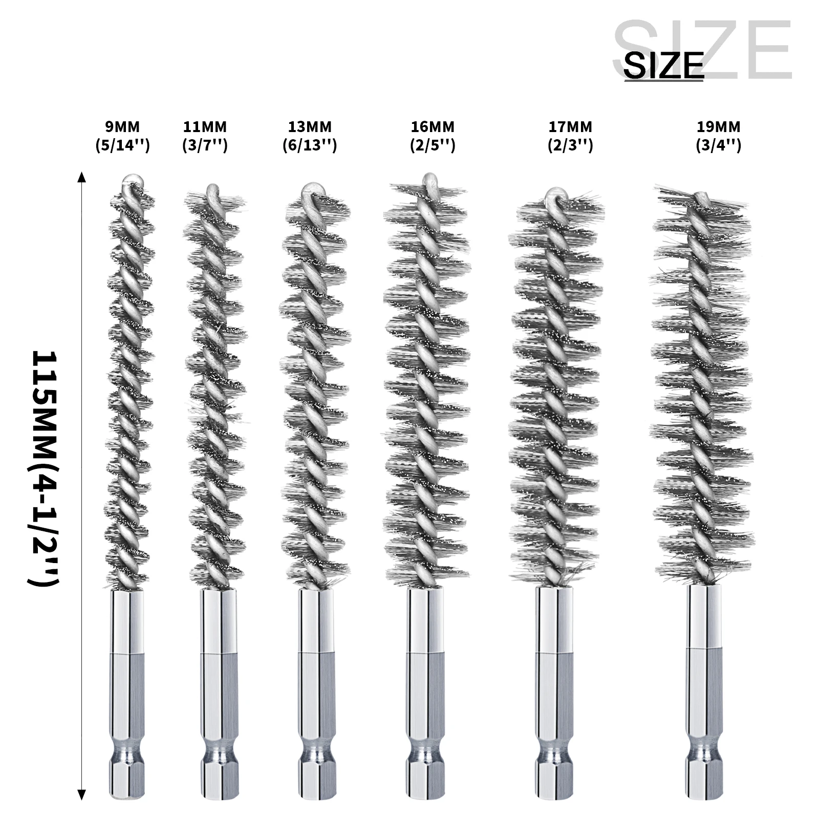 9-19mm Stainless Steel Wire Pipeline Brush, Drill Bore Cleaning Brush, 1/4 Inch Hexagonal Handle for Electric Drill Impact Tool