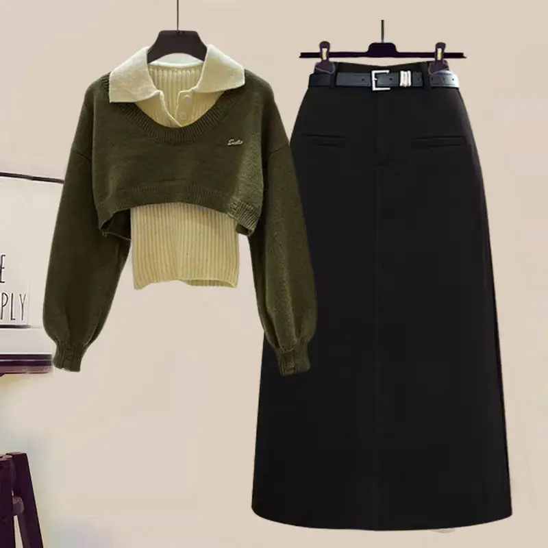 Autumn/Winter Korean New Fashionable Casual Top+Knitted Sweater+Slimming Skirt 3-Piece Set Trendy