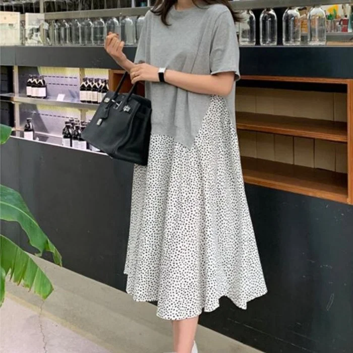 

Korean Style plus Size Women's round Neck Short Sleeve T-Shirt Spliced Dot Print Casual Midi Dress Sweet Loose Fit Summer Dress