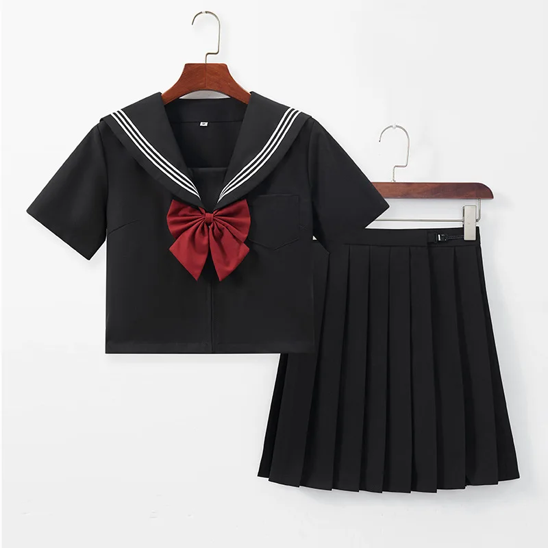 Japanese Sailor Uniform Set Women Short Sleeve Navy Top Pleated Skirt Red Bow JK School Cosplay Costume