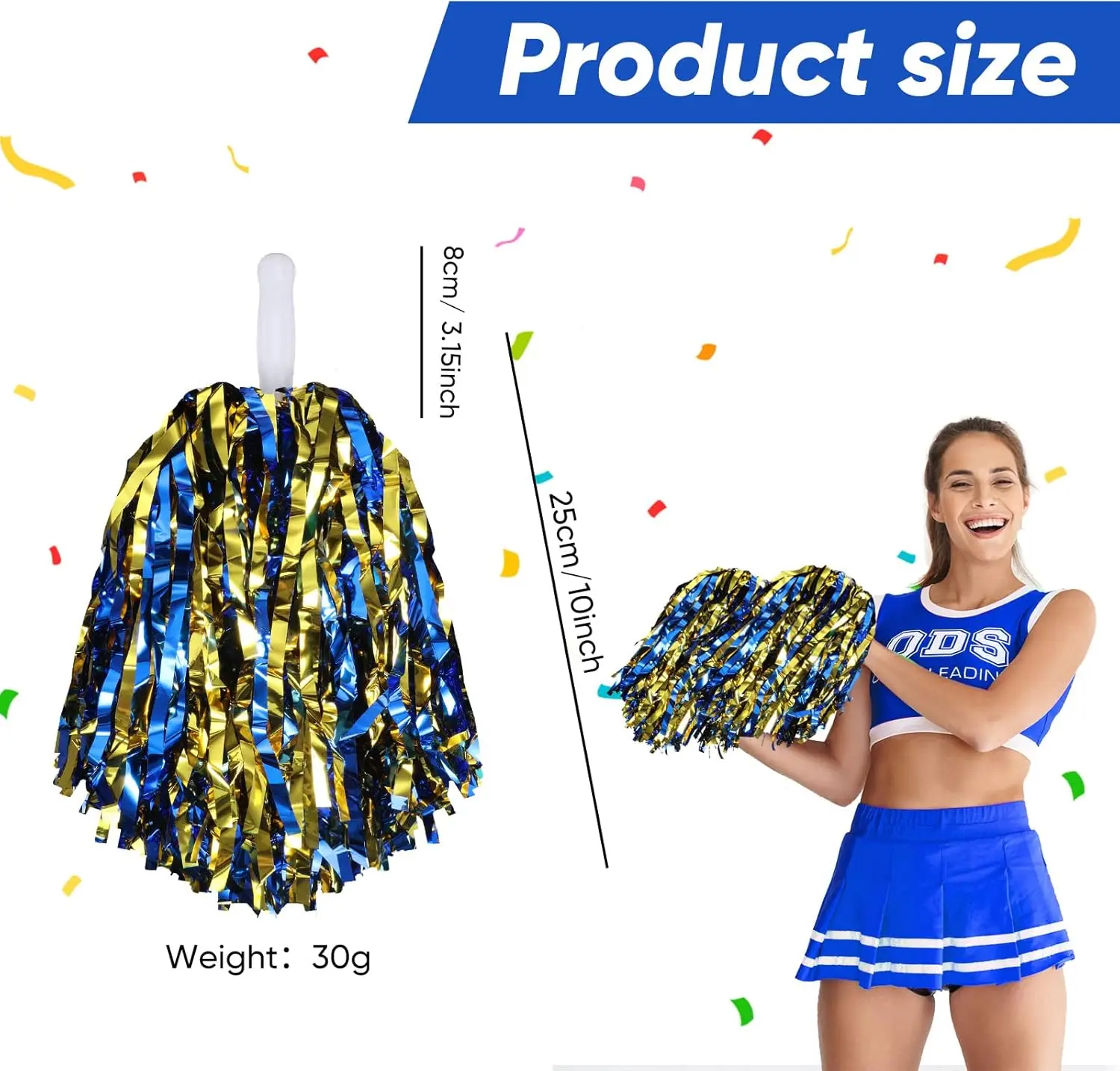 24PCS Blue Purple Gold Cheerleading Pom Poms with Metallic Foil Plastic Baton Handle for Game Sports Squads Dancing Football