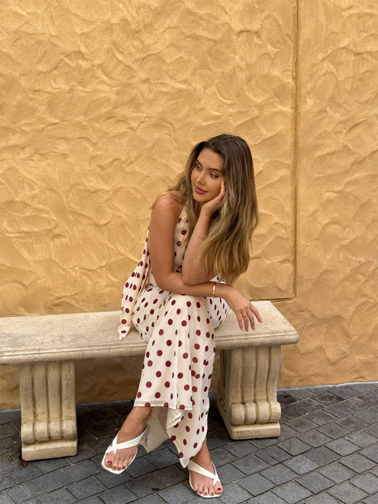 

Chic Polka Dot Halter Maxi Dress Lady Sexy Deep V-neck Off-shoulder Backless Lace-up Vestidos 2026 Summer New Women Street Gowns