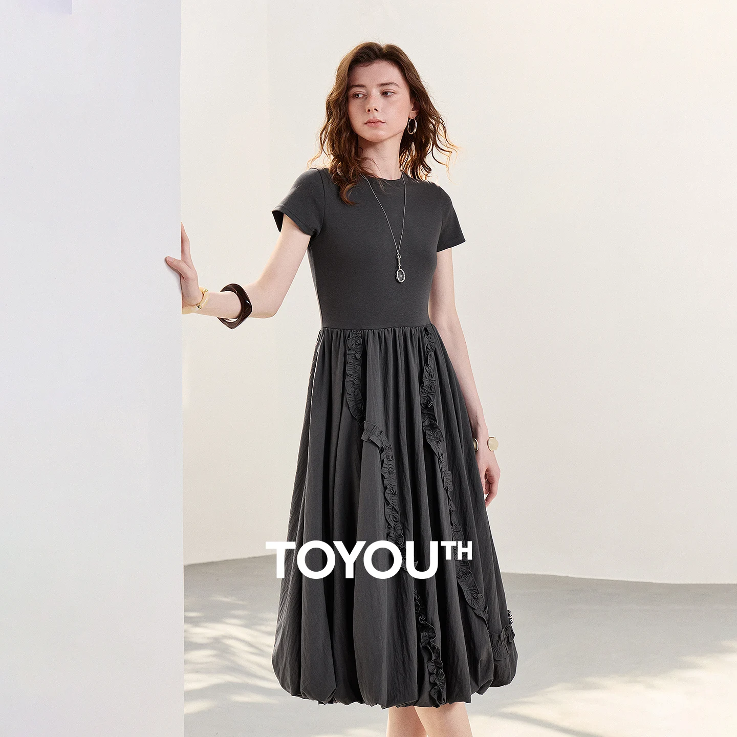 TOYOUTH Women Dress 2026 Summer New Short Sleeve Crew Neck Patchwork Romantic Bud Dress