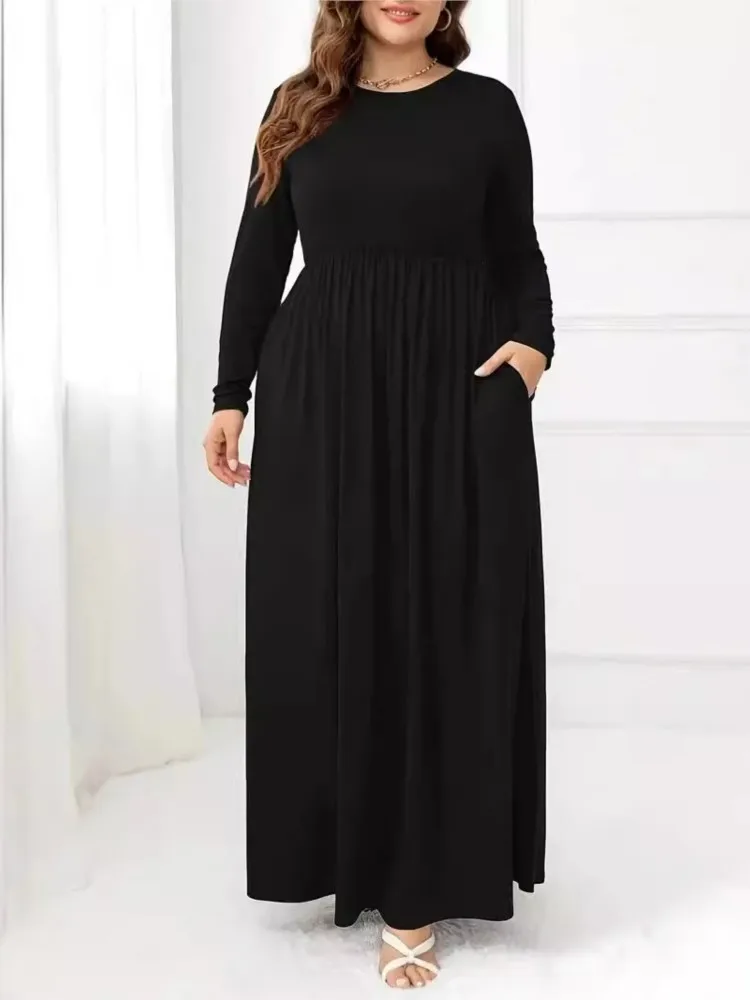 Plus Size Spring Autumn Long A-Line Dress Women Ruffle Pleated Fashion Loose Casual Ladies Dresses Long Sleeve Woman Dress