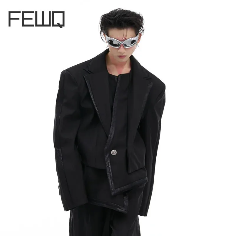 FEWQ Doublelayer Collar Irregular Fake Twopiece Suit Jacket Silhouette Suit Set Loose Pants Solid Color Darkwear 24E2176