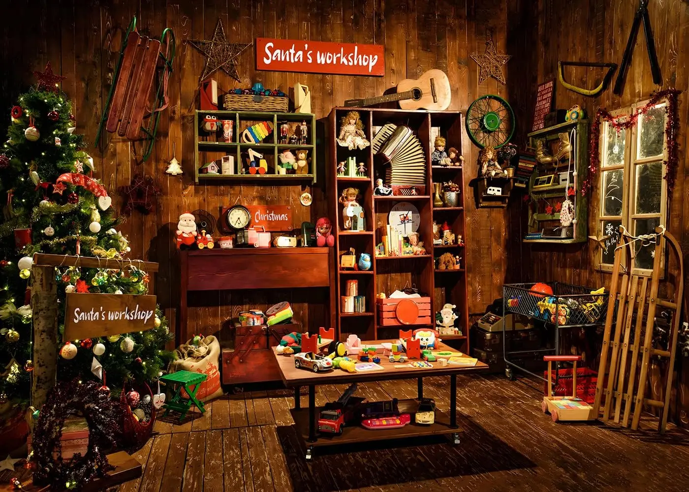Christmas Santa's Workshop Vintage Rustic Wood House Cottage Gift Xmas Decor kids children photo background photography backdrop