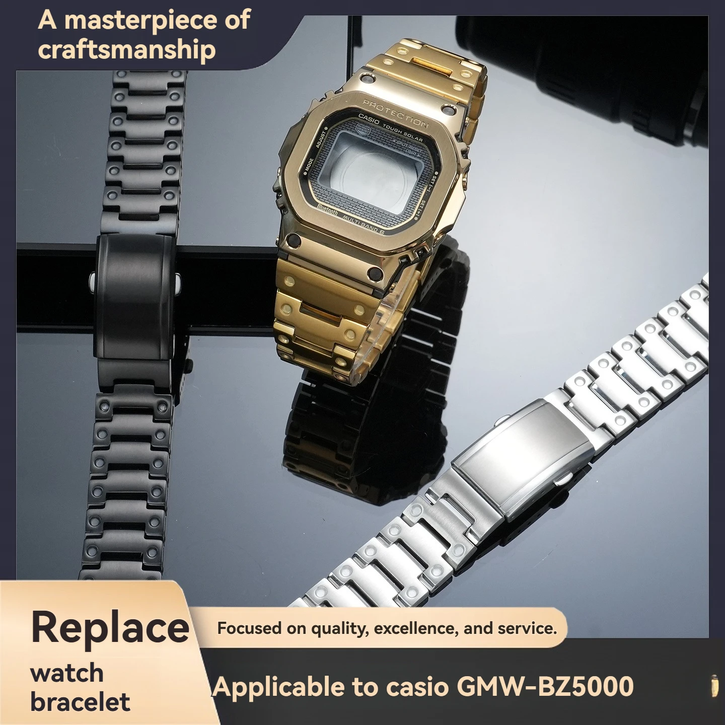 Stainless Steel Custom Strap for Casio G-SHOCK Metal Square GMW-BZ5000 “Little Silver Block” Watch—Replacement Metal Bracelet
