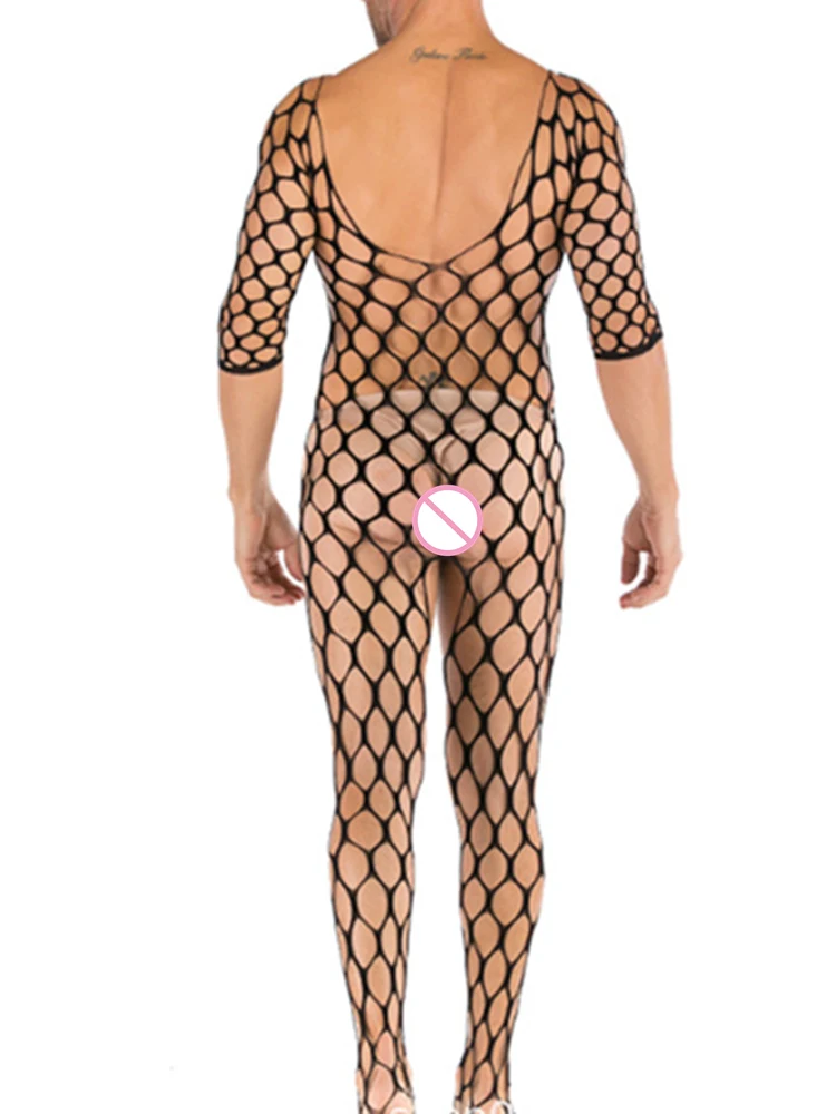 Mens Lingerie Bodysuit Sexy Open Crotch Bodystocking Erotic Mesh Underwear Outfits Woman Jumpersuits Crotchless Costumes