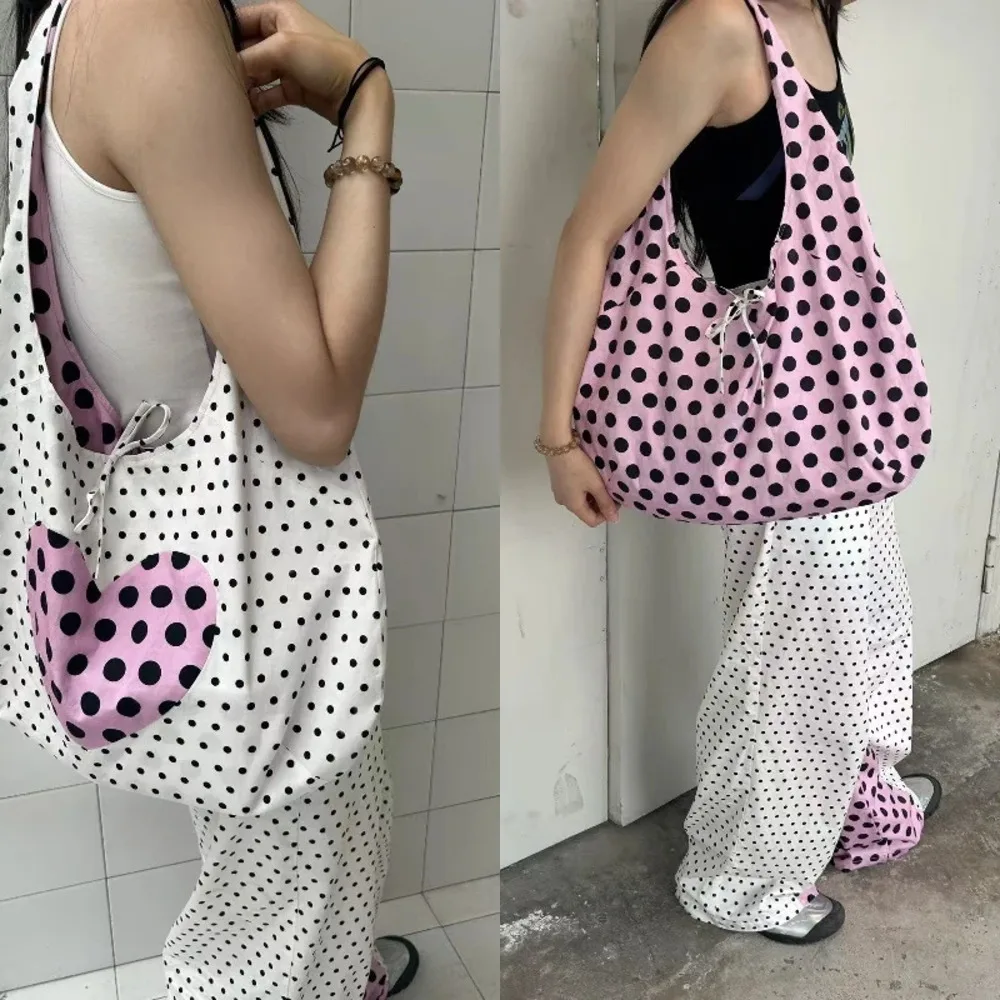 

Большая вместительная сумка-тоут для женщин с сердечком и узором в горошек, двусторонняя сумка на плечо подмышками, весна-лето, повседневная мода