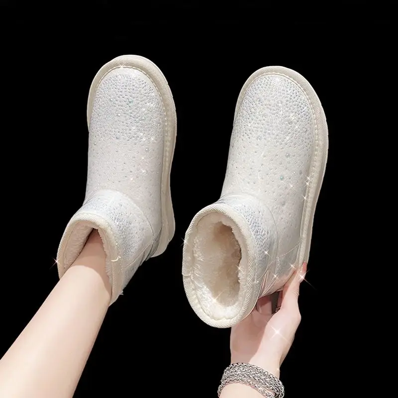 

Водонепроницаемые плюшевые ботинки со стразами, зимние женские зимние ботинки на платформе, теплая рабочая нескользящая шикарная и элегантная женская обувь Y2k