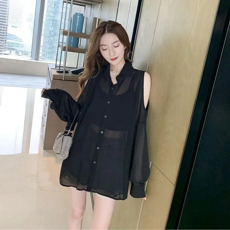 Fashion Lapel Spliced Hollow Out Pockets Off Shoulder Shirt Female Clothing 2023 Autumn New Casual Tops Office Lady Blouse