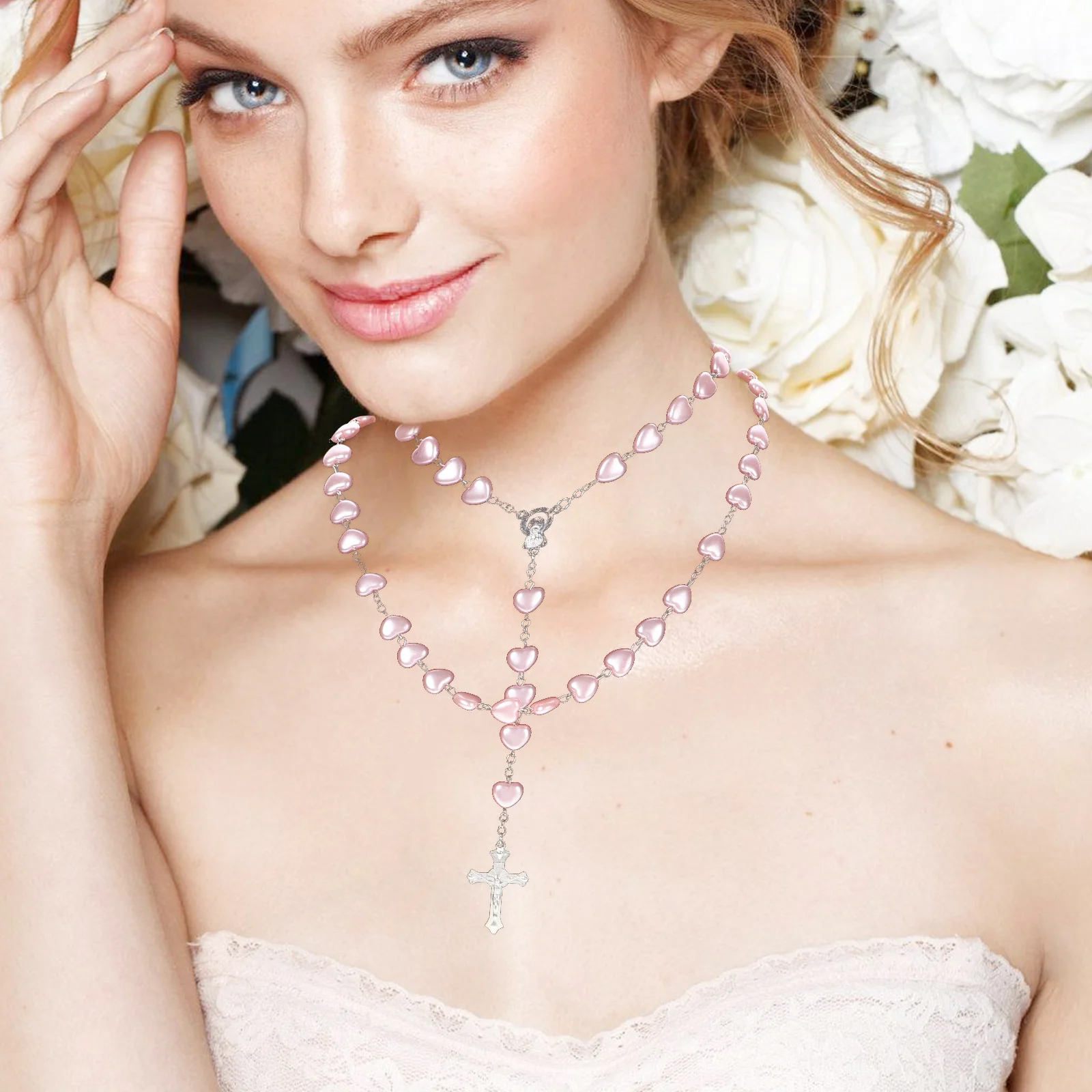 

Pink Bead Rosary Necklace Heart Prayer Cross Glass Beads Vintage Elegant Choker for Women Daily Wear Trendy Religious Jewelry