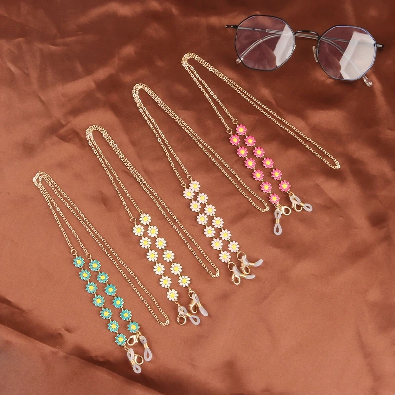 KLASSNUM Women Colorful Daisies Metal Sunglasses Chain Anti Lost Chain Neck Strap String Reading Glasses Holder Lanyard Rope