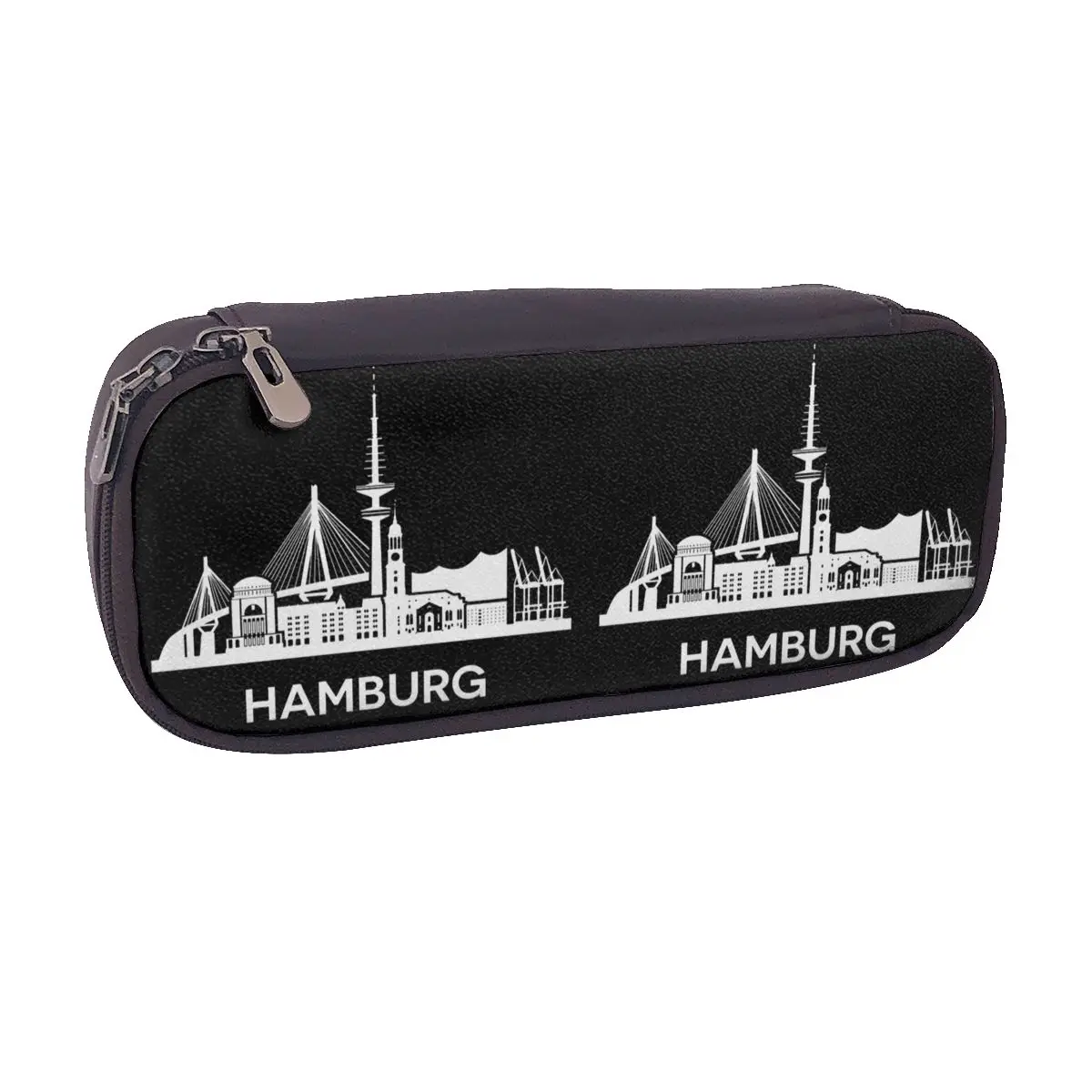 Hamburg City Skyline, Extended Version, White Leather Pencil Case for Studen School Pen Box Pencil Bag Pen Holder Bag