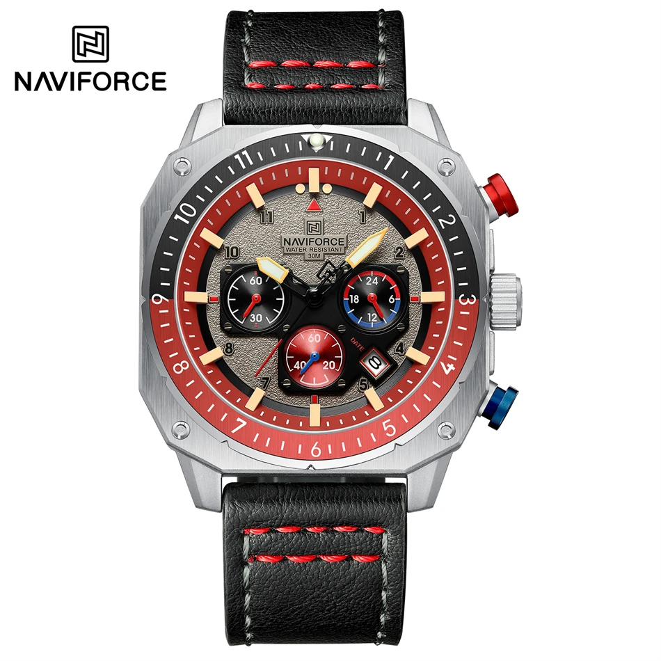 NAVIFORCE Sport-Multifunktions-wasserdichte Uhren für Herren, modisches Leder, Luxusmarke, Quarz, analog, leuchtend, quadratisch, Armbanduhr 9