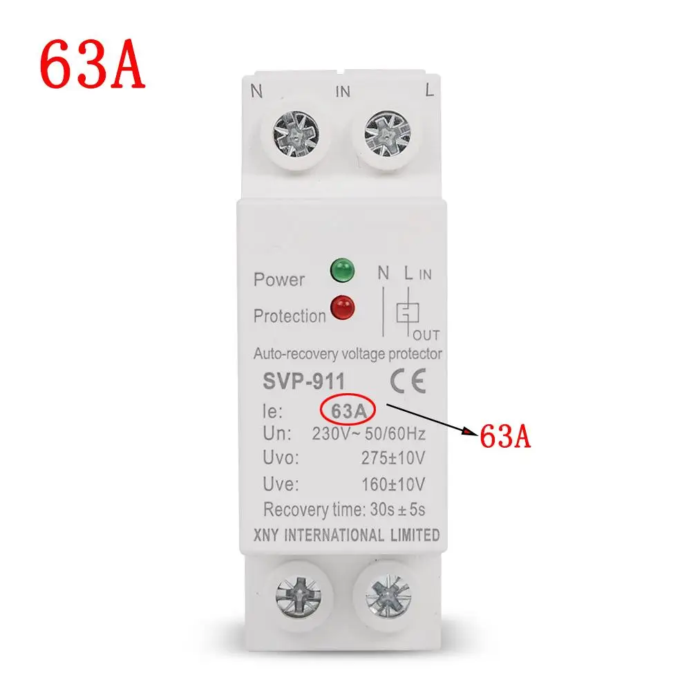 

Over Under Voltage Relay AC230V 63A Mini Din Rail Automatic Recovery Reconnect Protective Breaker Voltage Protector Device