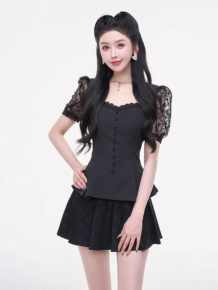 

Baroque Secret Lace Patchwork Bubble Sleeve Ruffle Waist Shirt Women's Sweet Style Pure Cotton Short Sleeve Button Closure