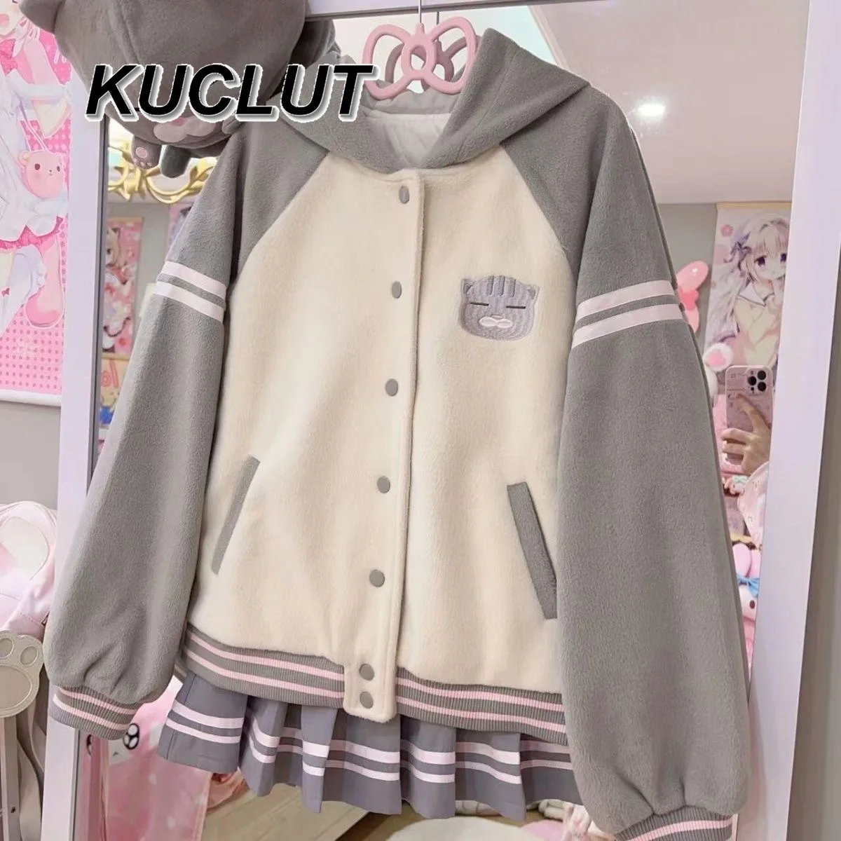 

Свободные повседневные пальто в японском стиле, милая шерстяная бейсбольная куртка с цветными блоками для женщин, универсальные куртки на осень и зиму