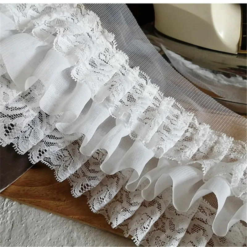 9CM Wide Three Layers Pleated Chiffon Fabric Needlework Fringed Ribbon Ruffles Trim Wedding Dress Hemlines Curtain Sewing Decor